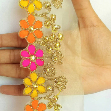 Gold Sheer Tissue Fabric Trim With Embroidered Pink, Yellow, Orange & Gold Flowers
